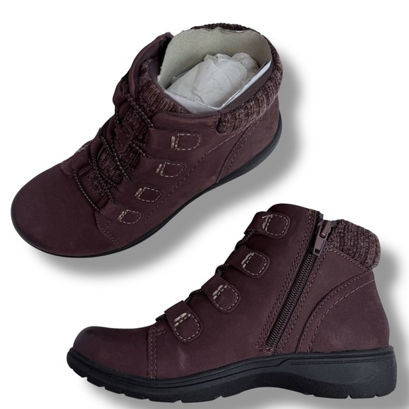 New Clarks Carleigh Jade Burgundy Nubuck Leather Knit Hiking Ankle Boots US 6M - Picture 15 of 16